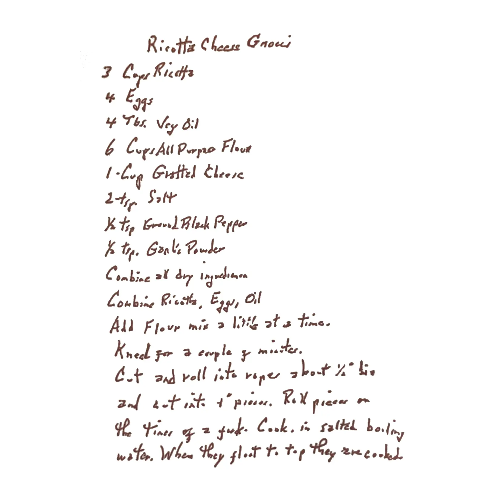 Pop-Pop's handwritten recipe for ricotta cheese gnocchi