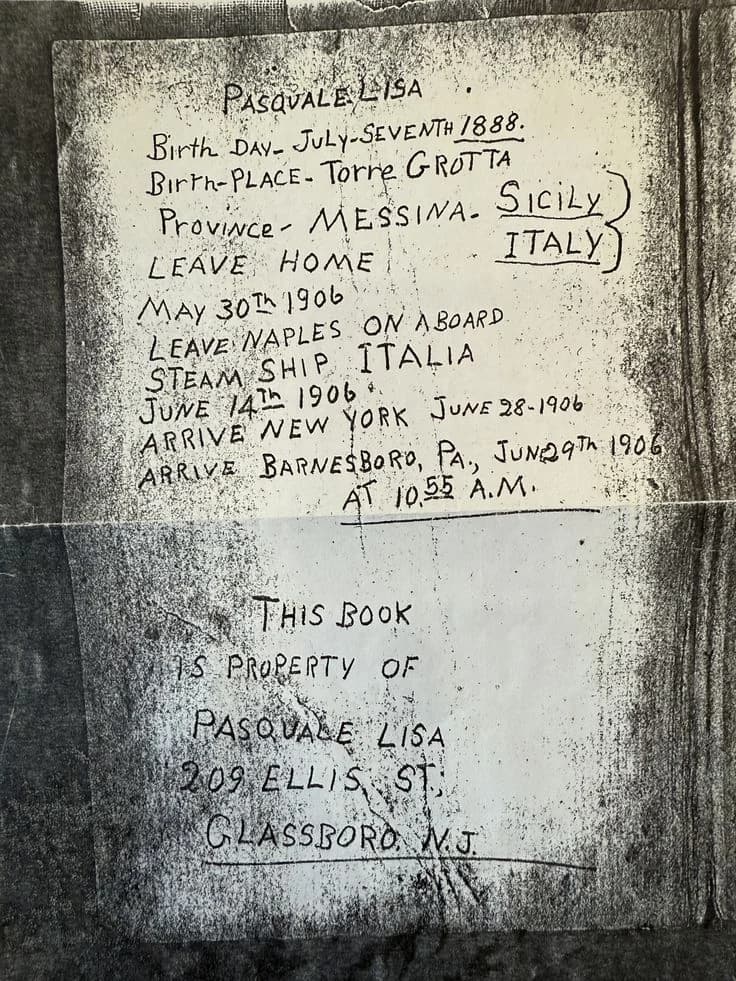 A handwritten record of Pasquale Lisa's passage from Sicily to America in 1906